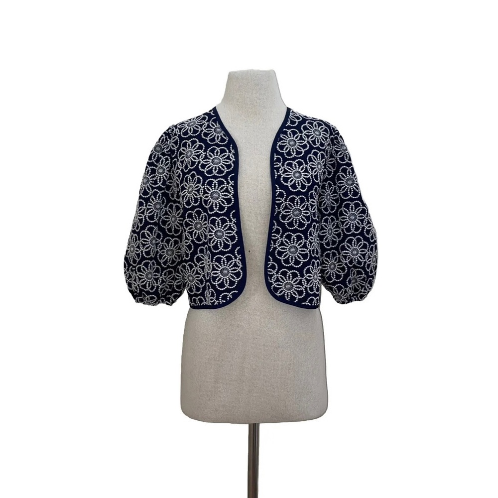 Maeve Anthropologie Navy Embroidery Floral Cropped Draped Shrug Jacket One Size - Picture 11 of 16
